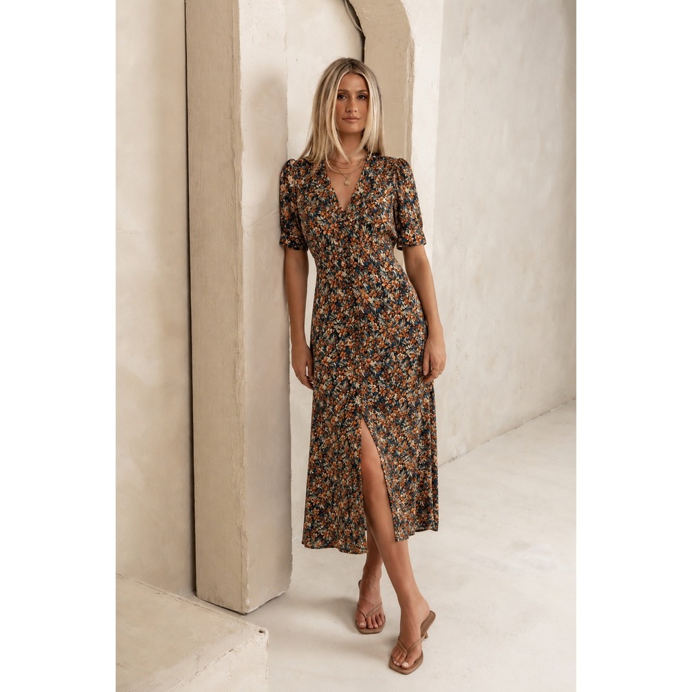 Bohme Jolie Dainty Floral V-Neck Button Midi Dress S Multicolor Pleated Cottage